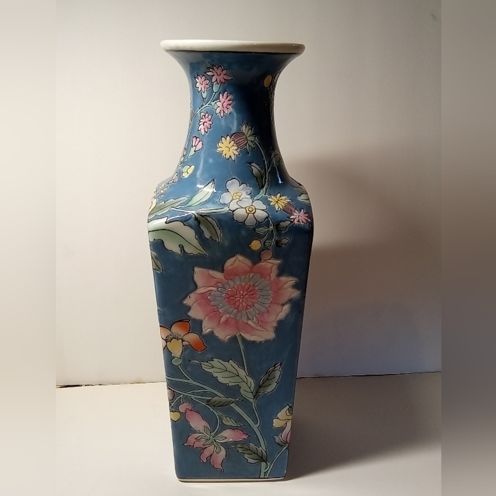 Vintage H.F.P.Macau 12.5" Tapered Square Vase Handpainted French Blue Pink Lotus